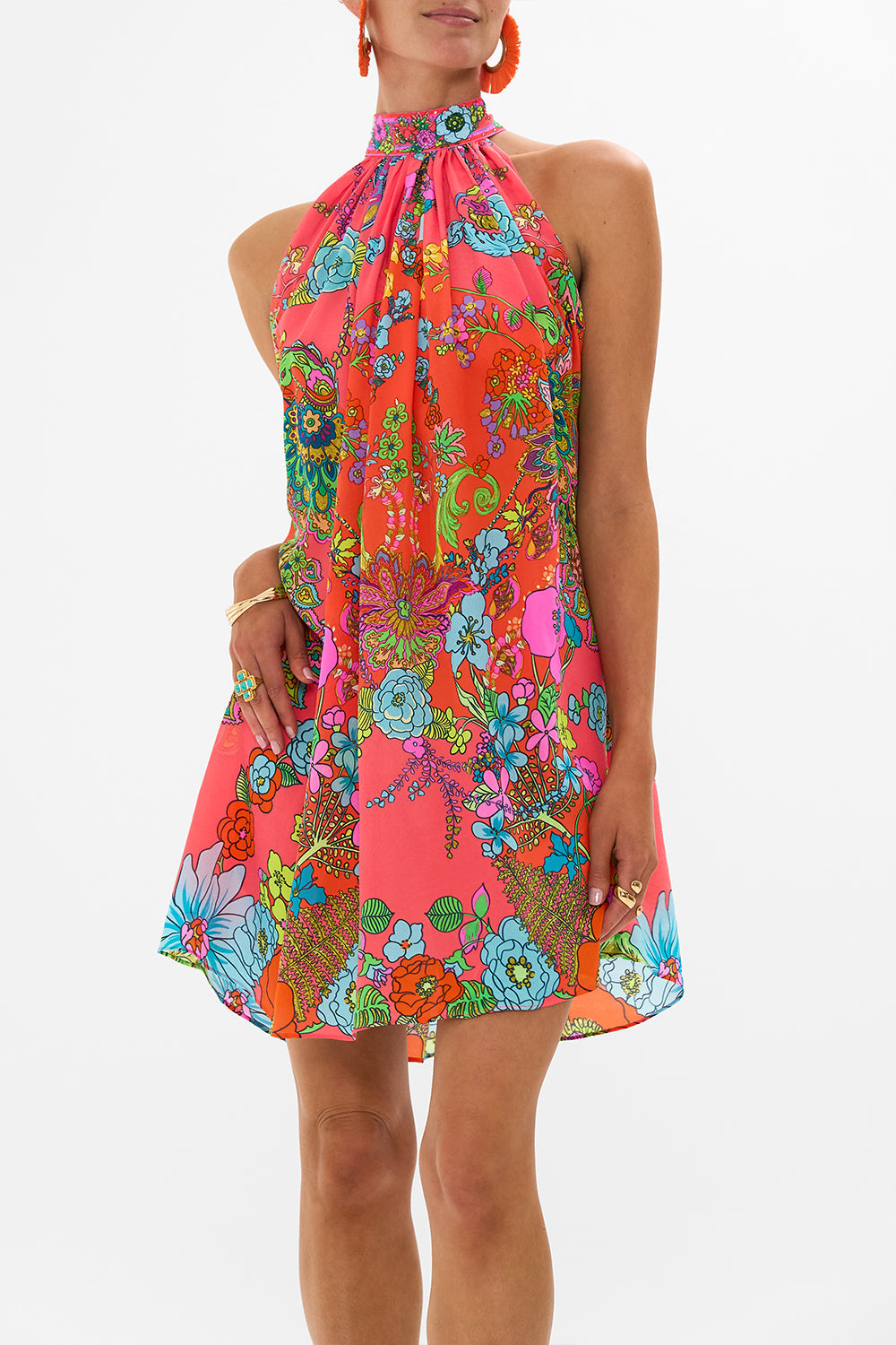CAMILLA Pink Tie Neck Mini Dress in Windmills and Wildflowers