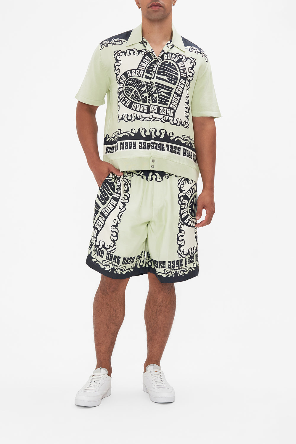 Hotel Franks by CAMILLA mens knit silk shirt in Double Dutch print