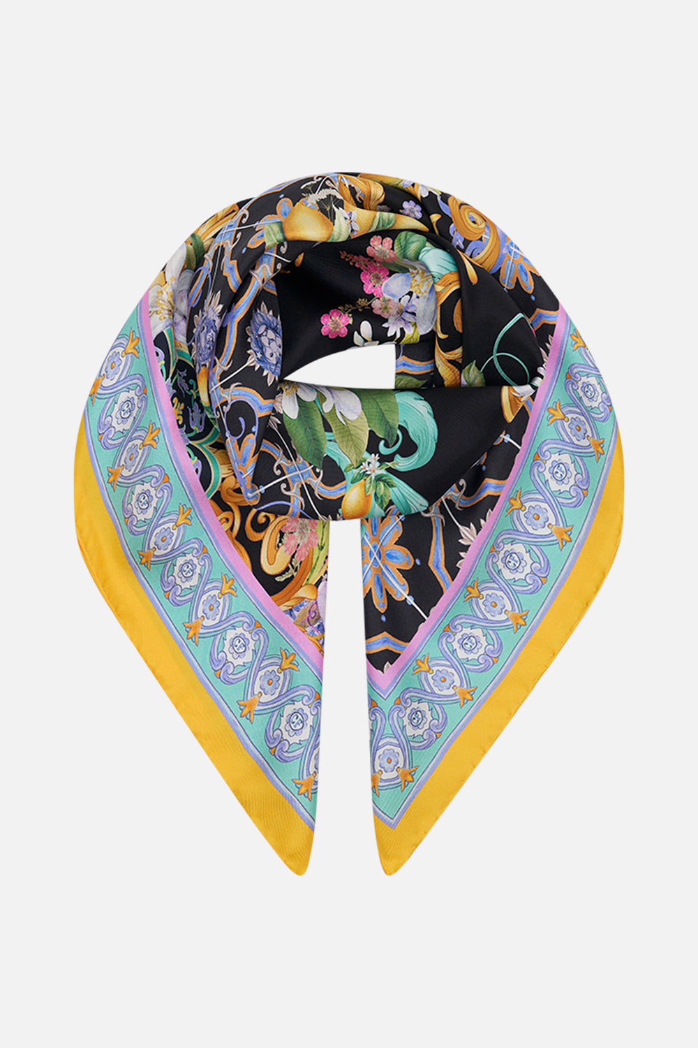 Product view of CAMILLA black floral print silk scarf in Meet Me In Marchesa print