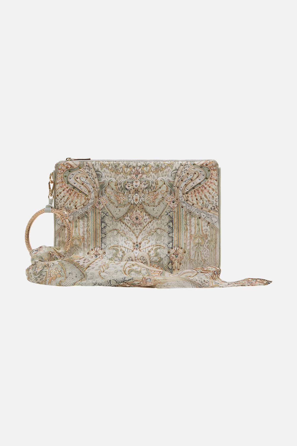 CAMILLA silk clutch in Ivory Tower Tales print