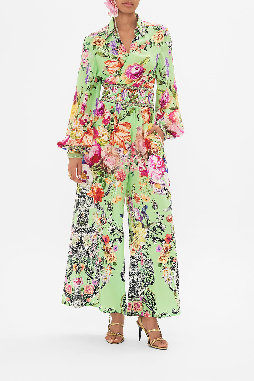 Front view of model wearing CAMILLA silk pant in Porcelain Dream print