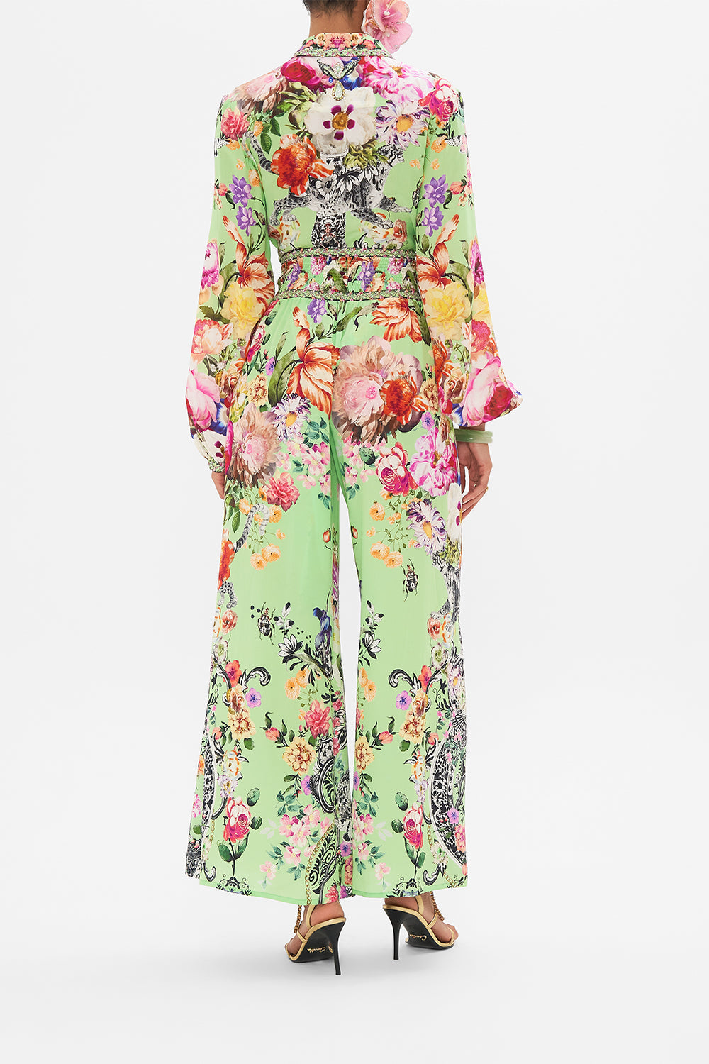 Back view of model wearing CAMILLA silk shirt dress in Delft Dynasty print