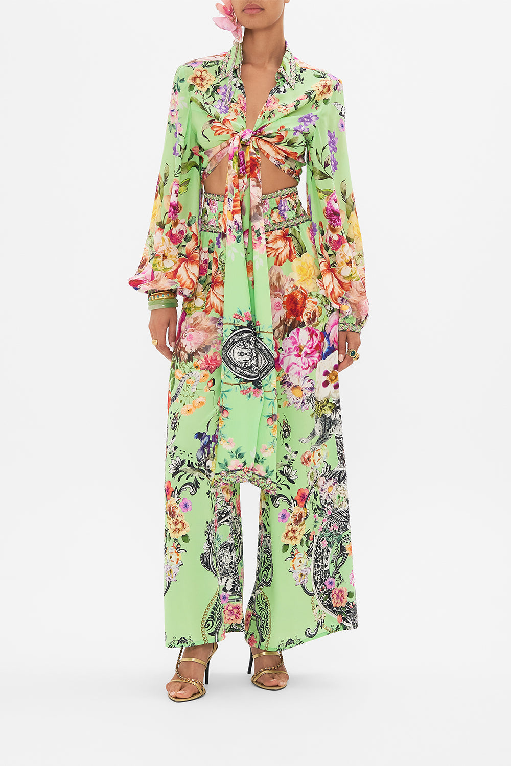 Front view of model wearing CAMILLA wrap shirt in Porcelain Dream print