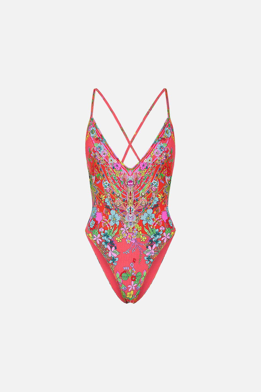 CAMILLA pink v-neck one piece with multicolor stitch in Windmills and Wildflowers