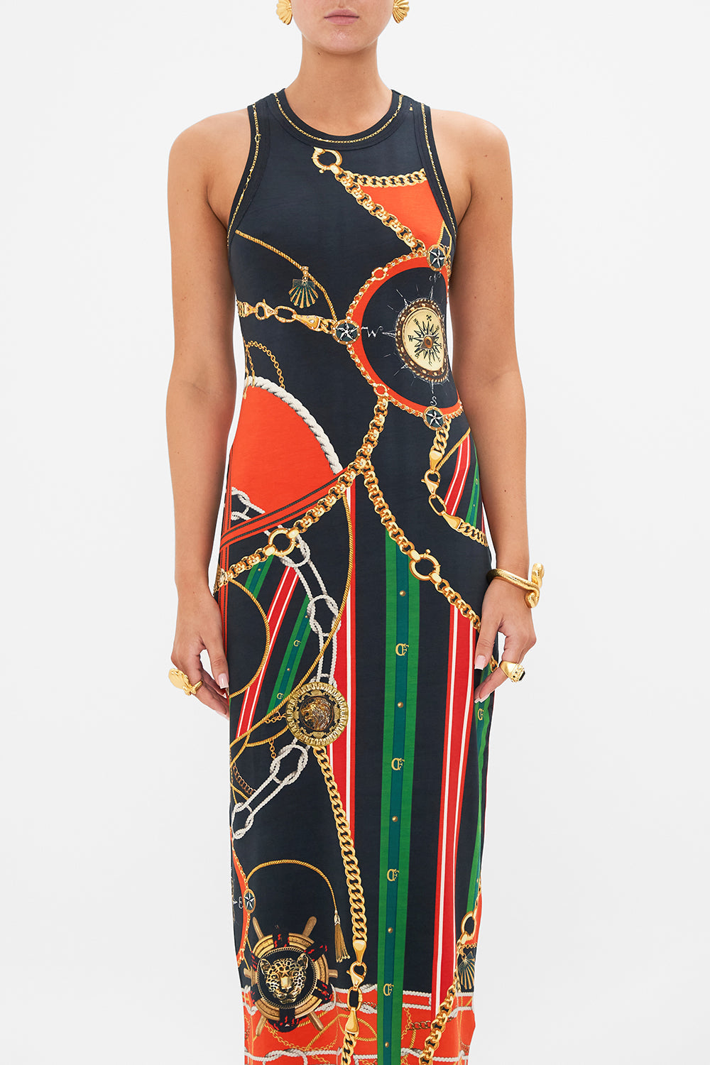 Crop view of model wearing CAMILLA jersey tank dress in Club Aperitvo print