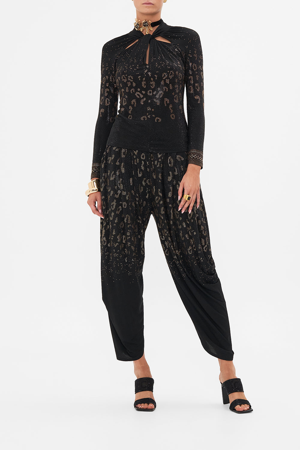 Front view of model wearing CAMILLA black jersey top in Mosaic Muse