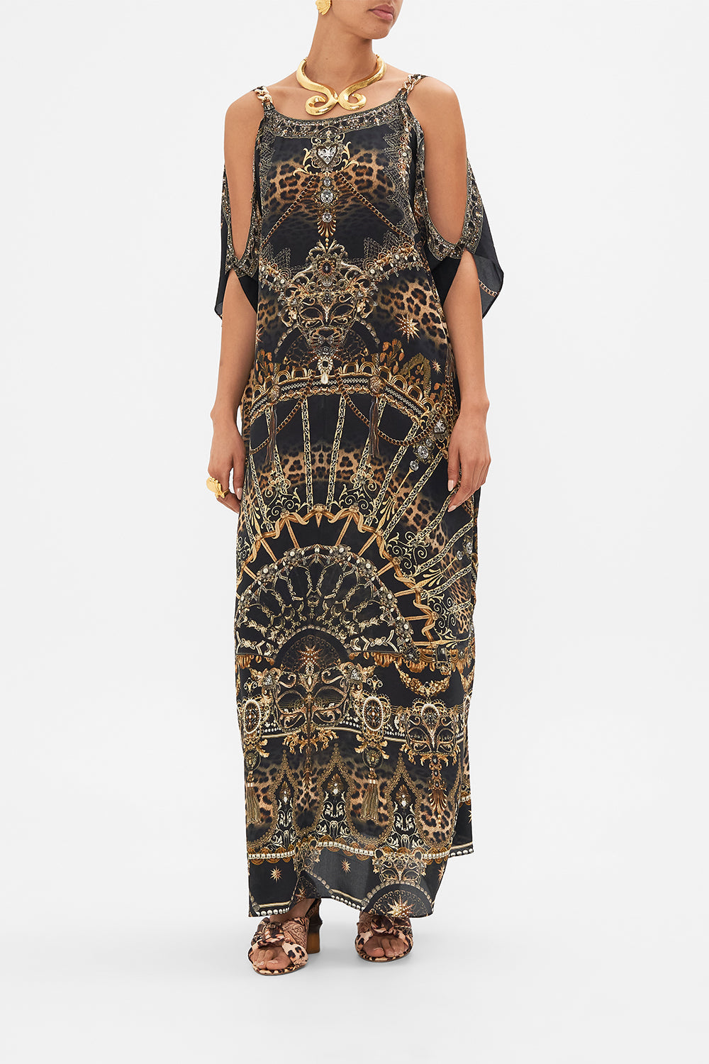 Front view of model wearing CAMILLA silk kaftan with hardware in Masked at Moonlight print