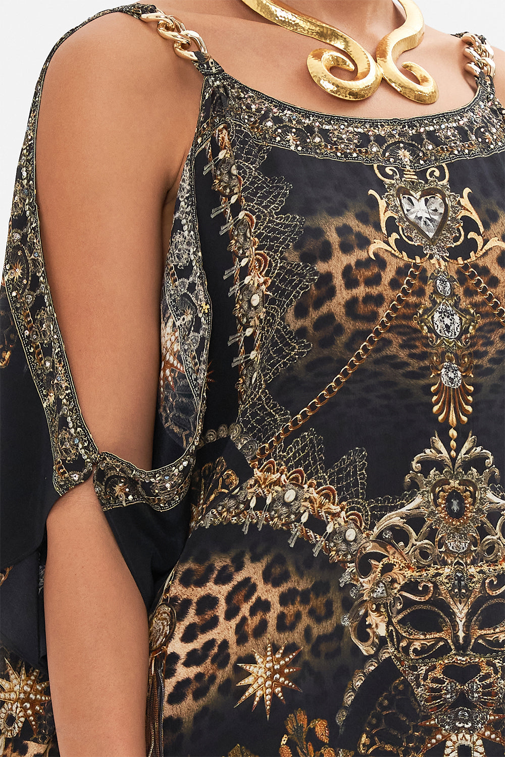 CAMILLA silk kaftan with hardware in Masked at Moonlight print