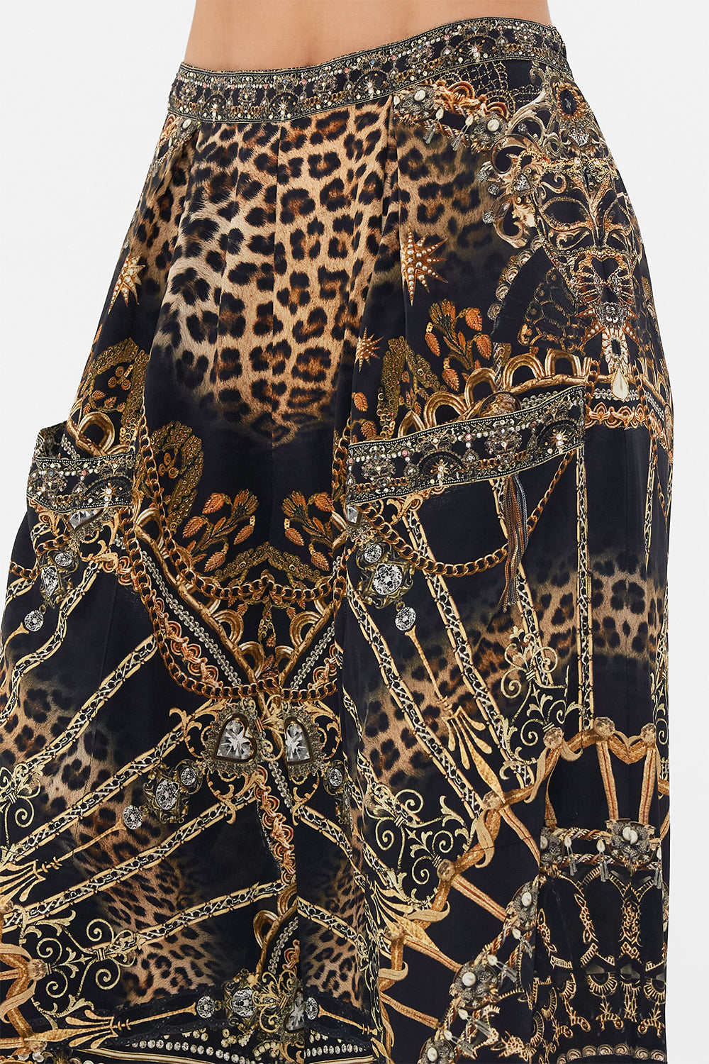 Detail view of model wearing CAMILLA silk palazzo pants in Masked At Moonlight print