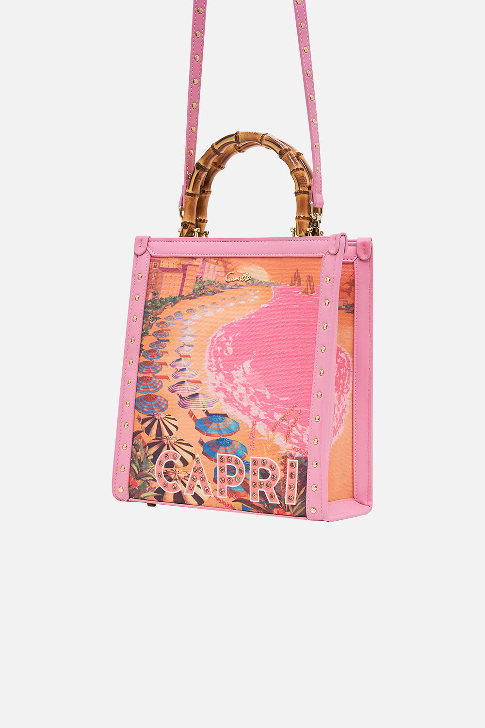Product view of CAMILLA printed tote bag in Capri Me print