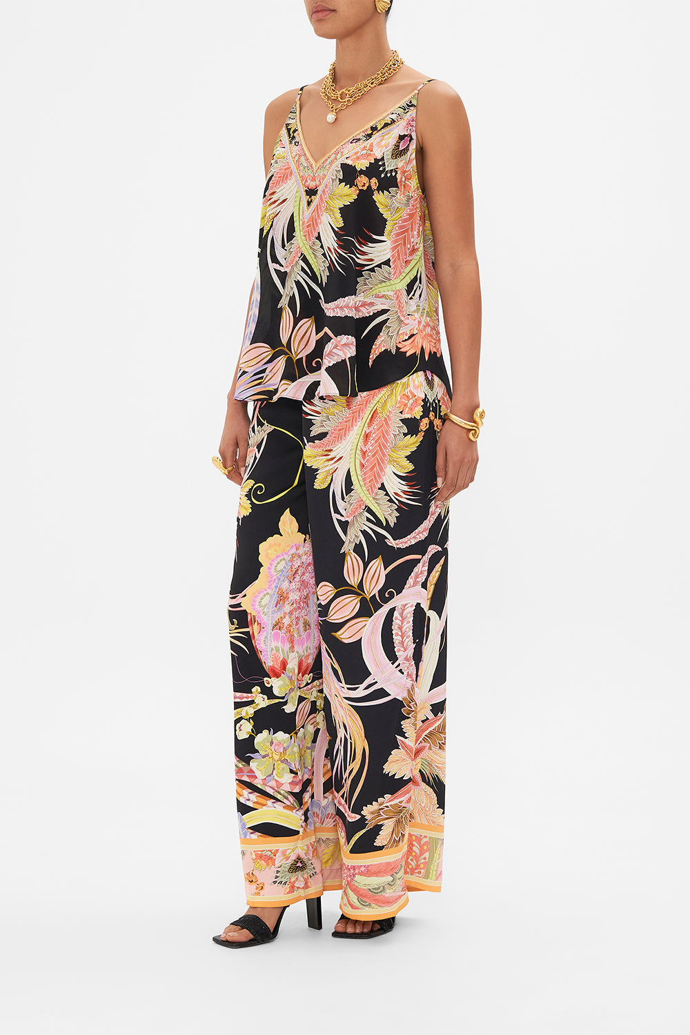 Side view of model wearing CAMILLA silk v neck cami in lady Of the moon print