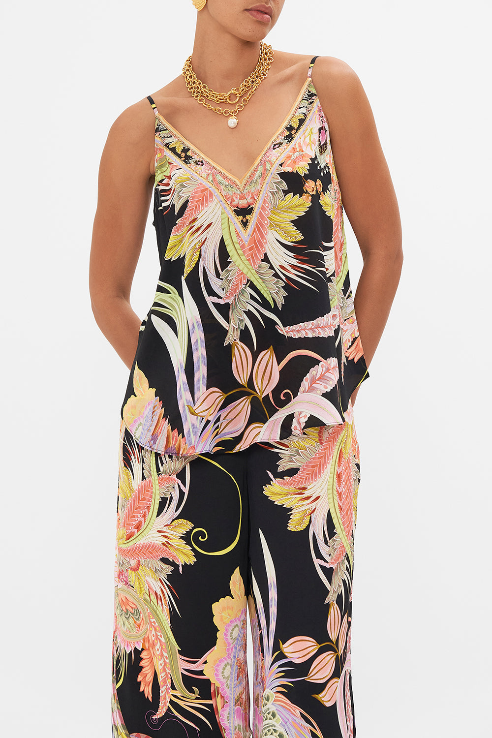 Crop view of model wearing CAMILLA silk v neck cami in lady Of the moon print