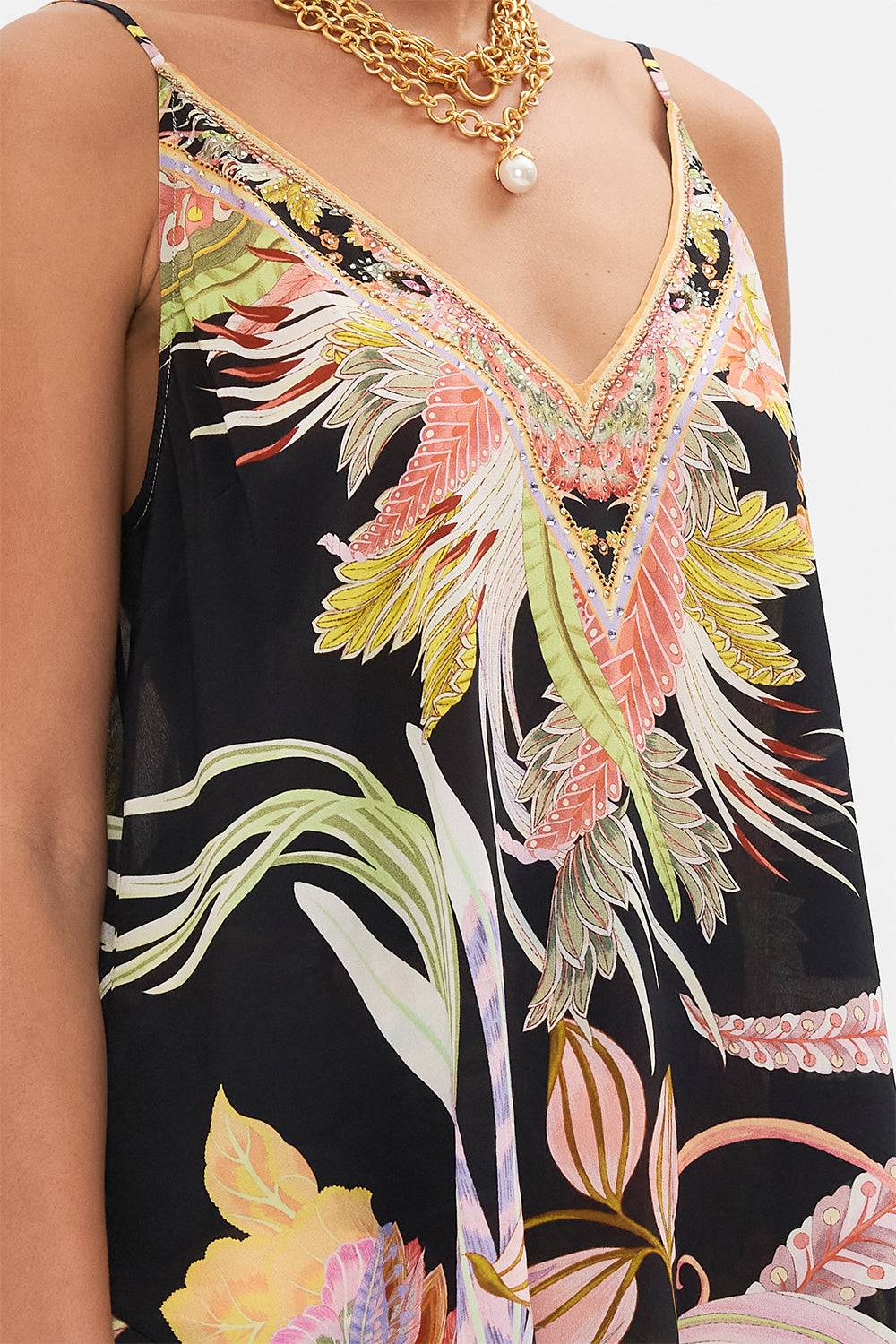 Detail view of model wearing CAMILLA silk v neck cami in lady Of the moon print