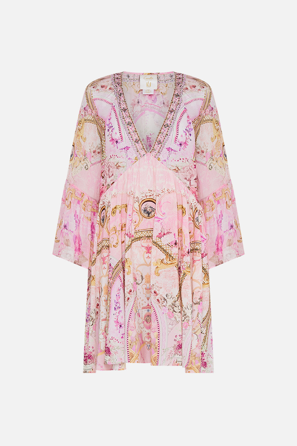 CAMILLA pink silk dress in Fresco Fairytale print