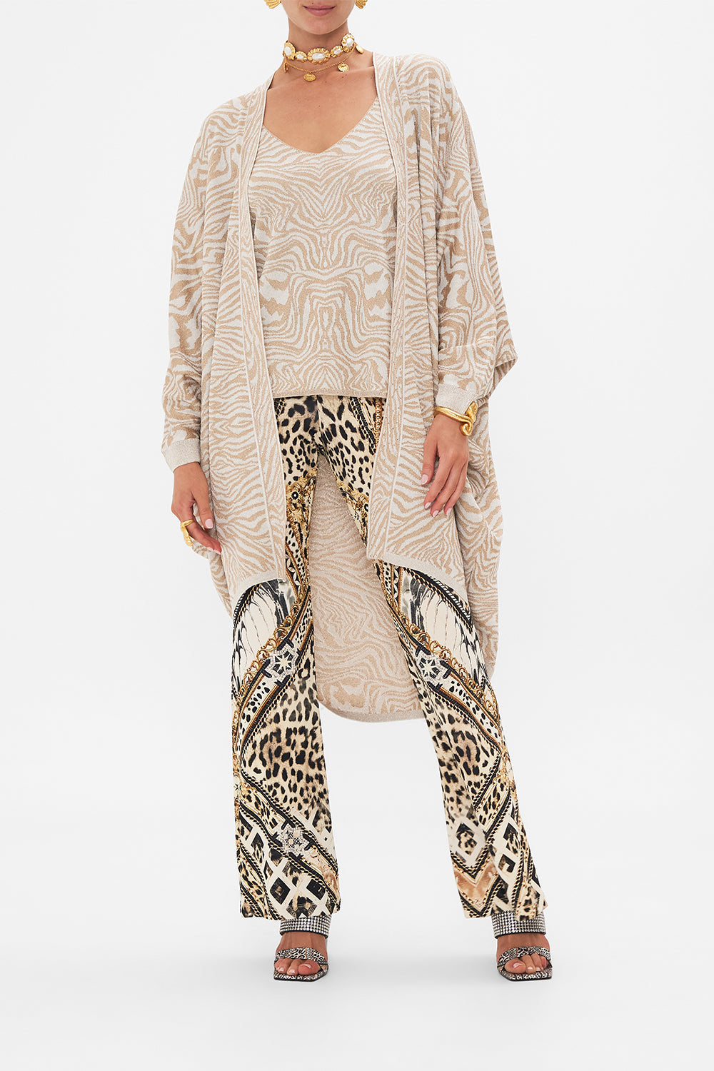 Front view of model wearing CAMILLA knit layer cardigan in Mosaic Muse