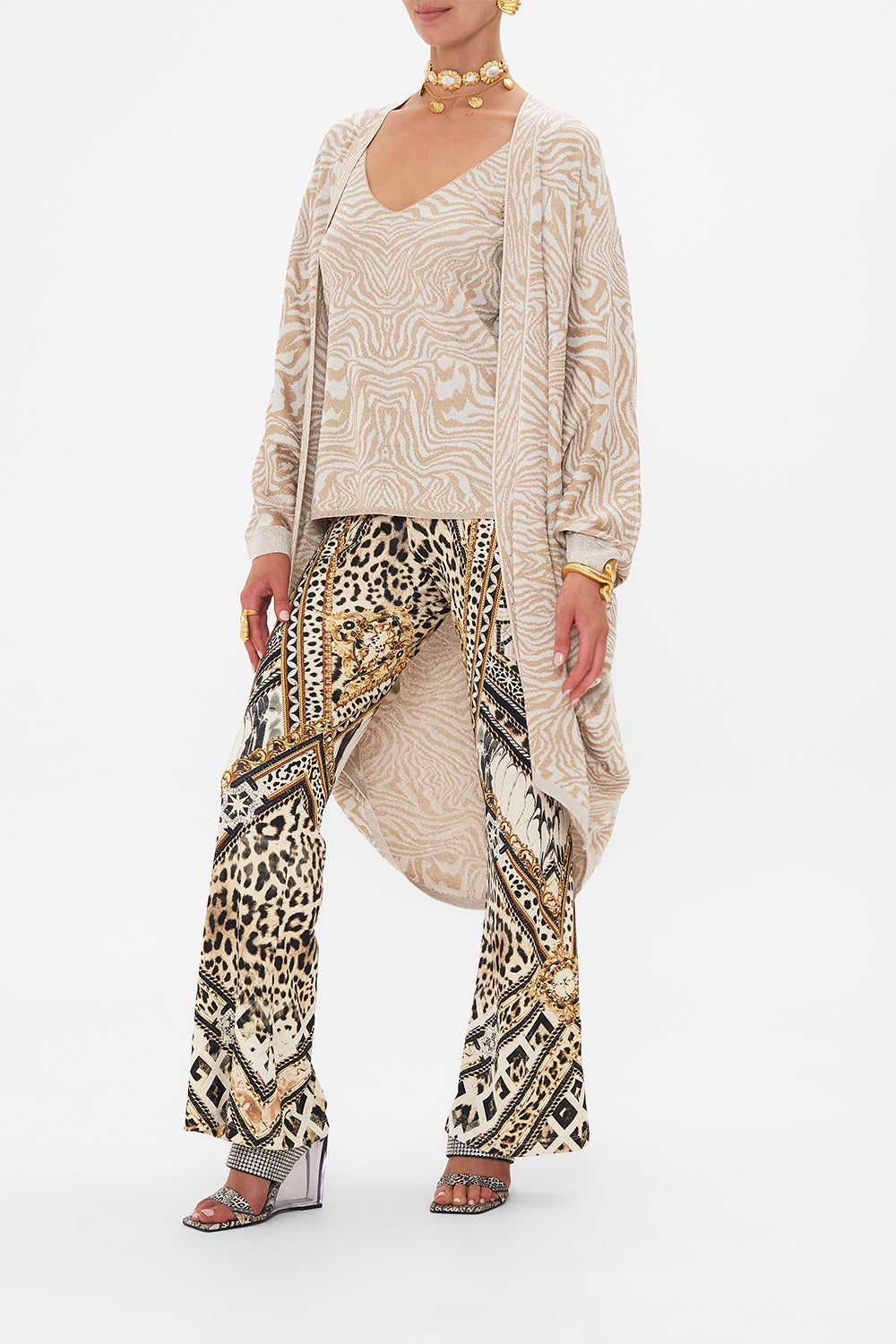 Side view of model wearing CAMILLA knit layer cardigan in Mosaic Muse