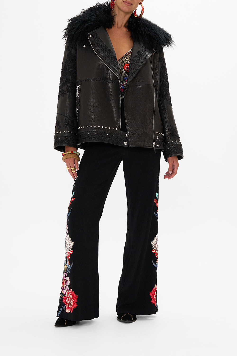 CAMILLA leather biker jacket in Volendam Dolls print