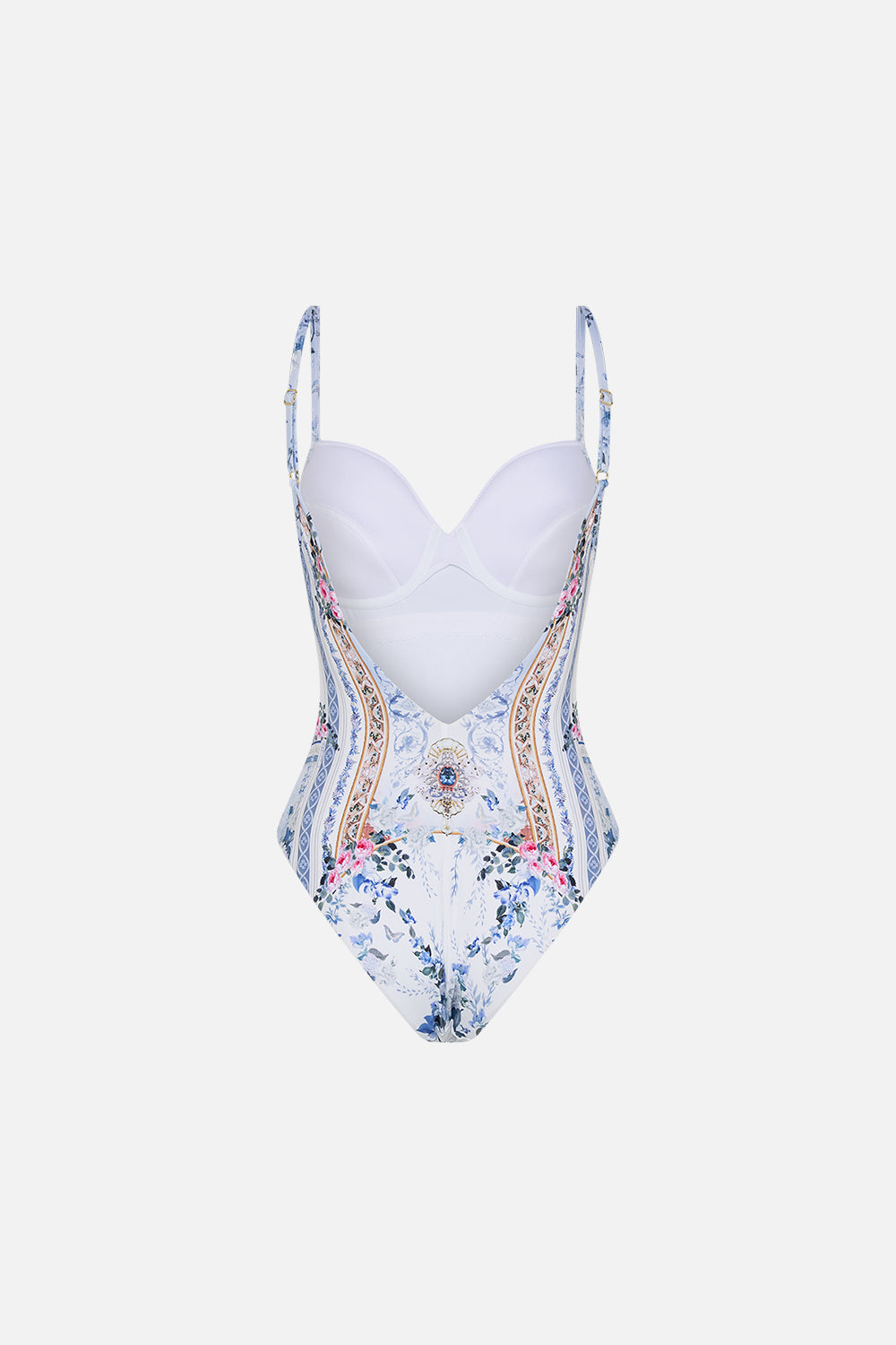 Detail view of model wearing CAMILLA underwire bra in one piece swimsuit in Season Of The Siren print