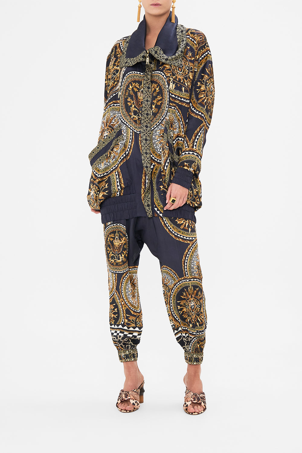 Front view of model wearing CAMILLA silk jacket in Duomo Kaleido print