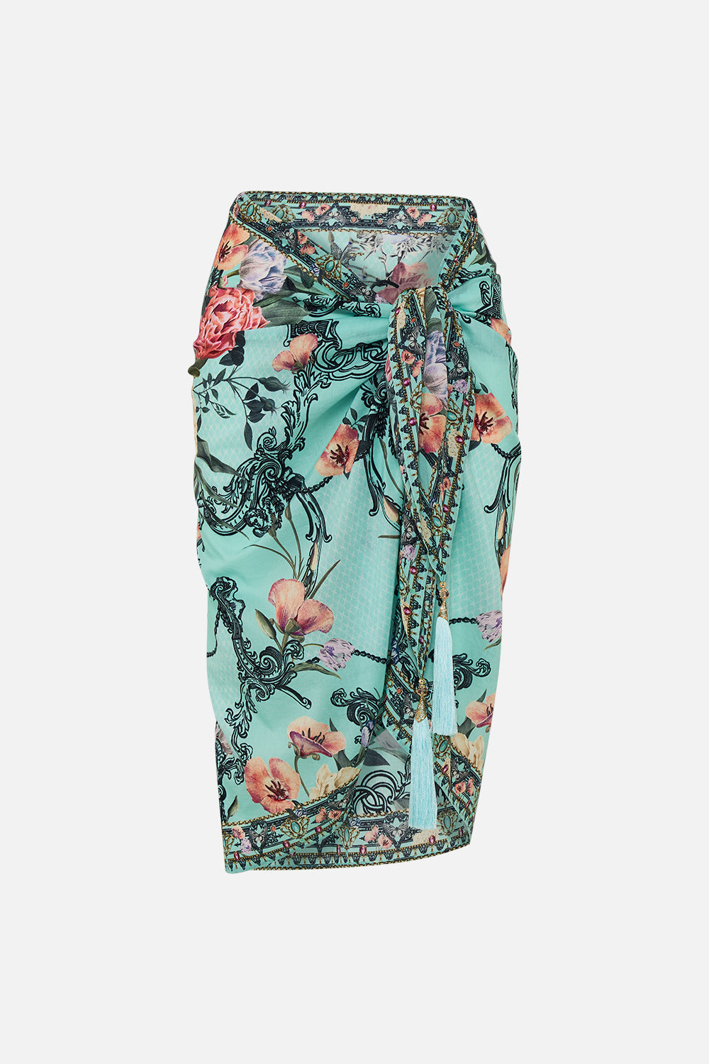 CAMILLA floral short tassel sarong in Petal Promise Land