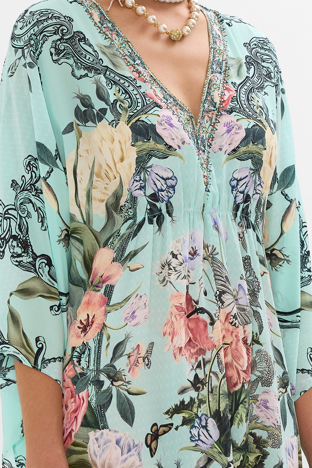 CAMILLA Floral Gathered Waist Kaftan in Petal Promise Land print