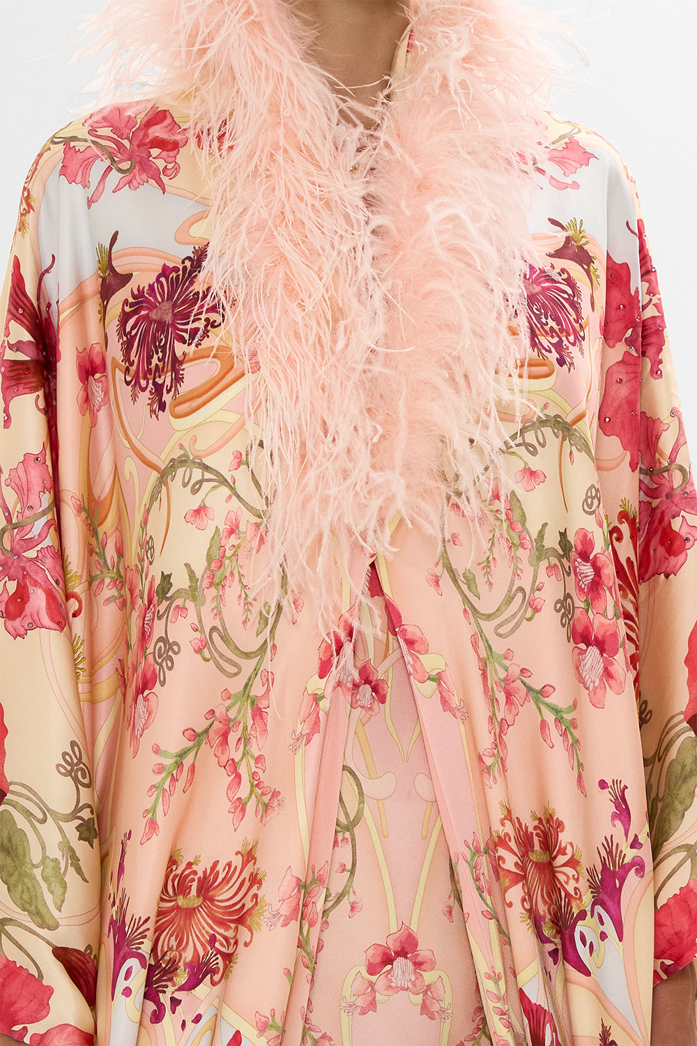 CAMILLA Floral Draped Back Layer with Feather Collar in Blossoms and Brushstrokes