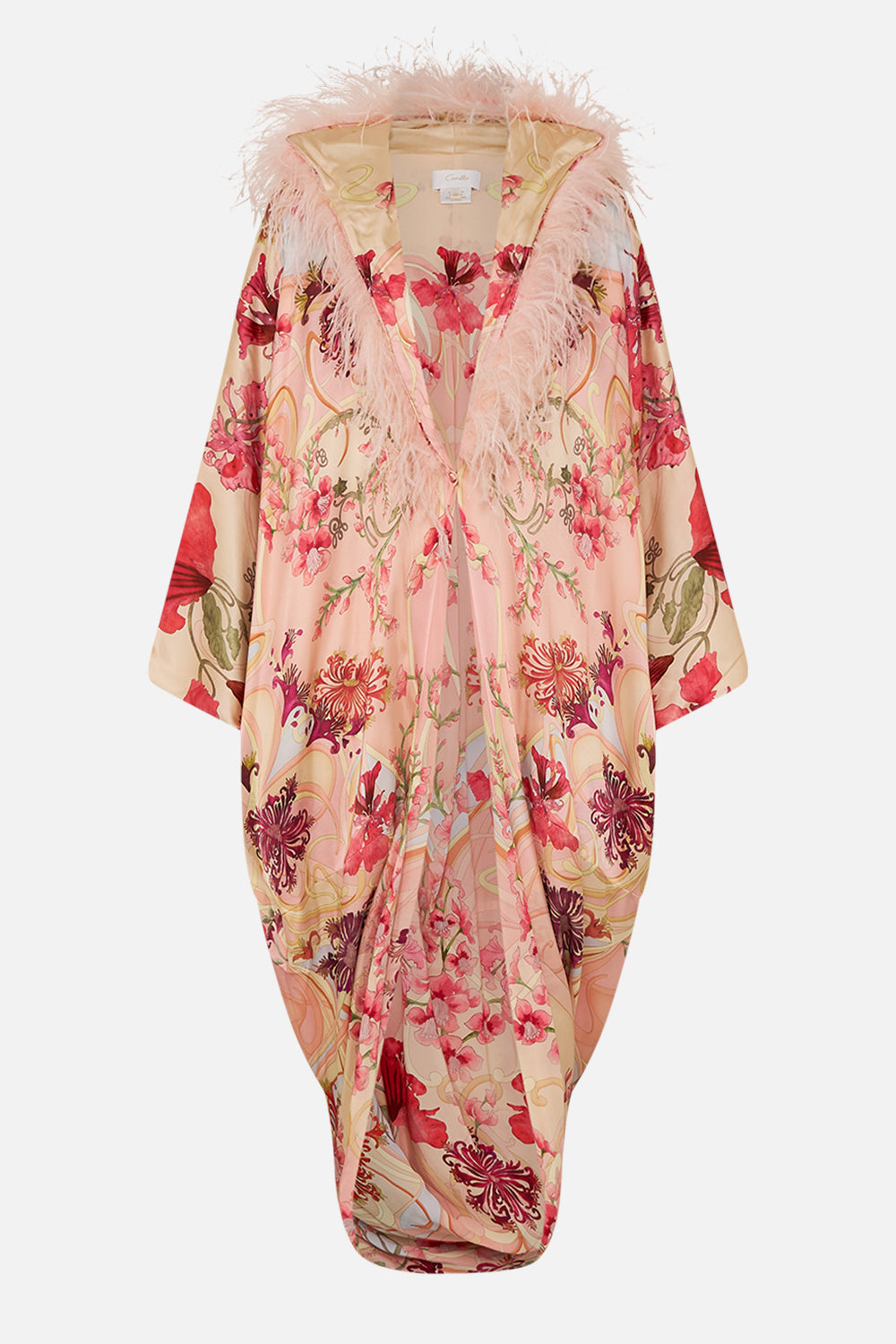 CAMILLA Floral Draped Back Layer with Feather Collar in Blossoms and Brushstrokes