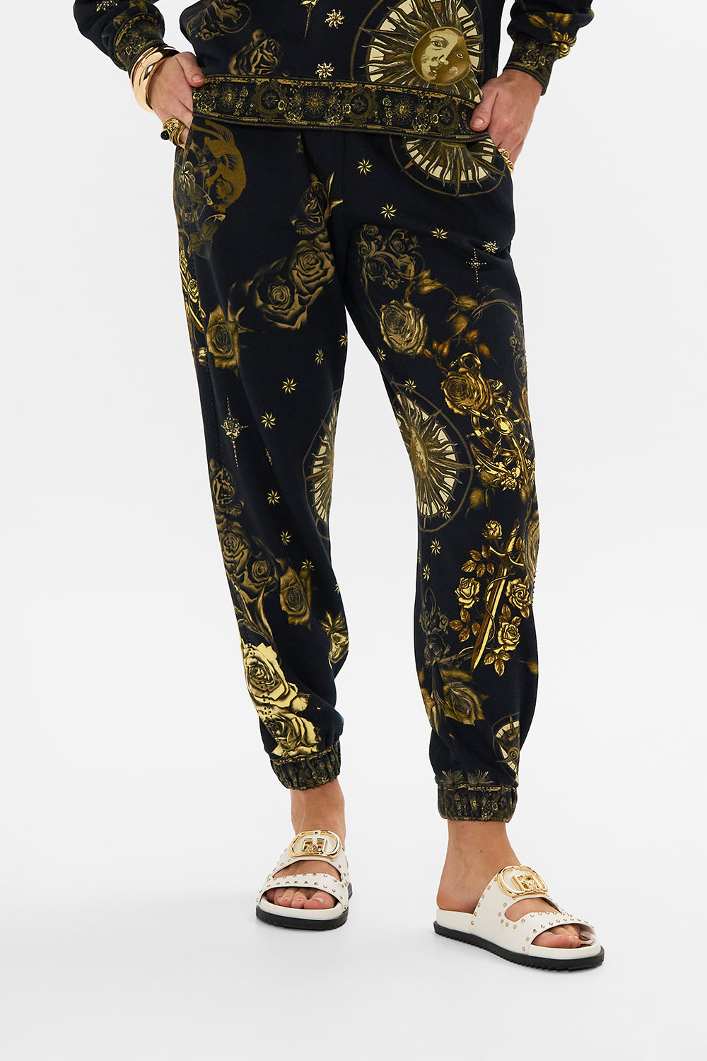 CAMILLA black jersey track pant in So Says The Oracle print.