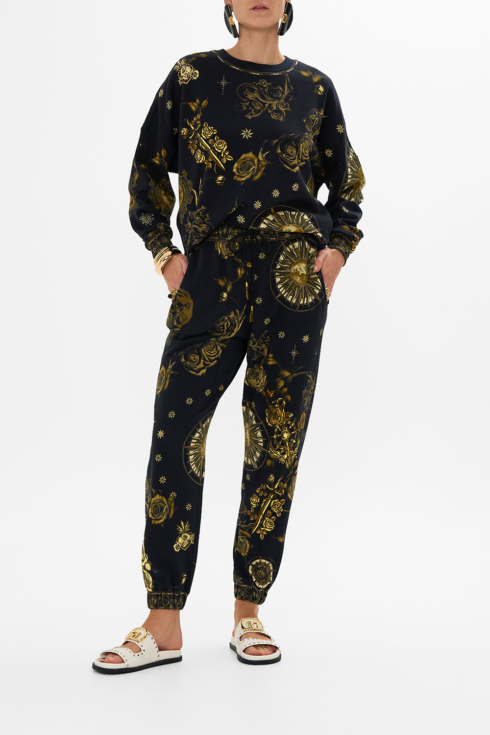 CAMILLA black jersey track pant in So Says The Oracle print.