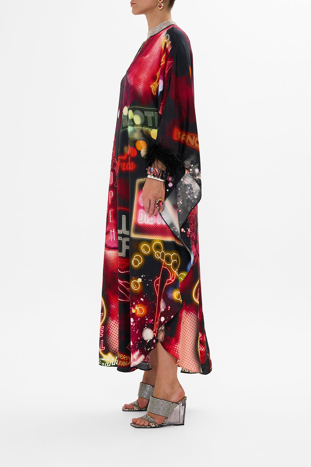 CAMILLA Black Kaftan with High Collar Stand in Electric Loveland