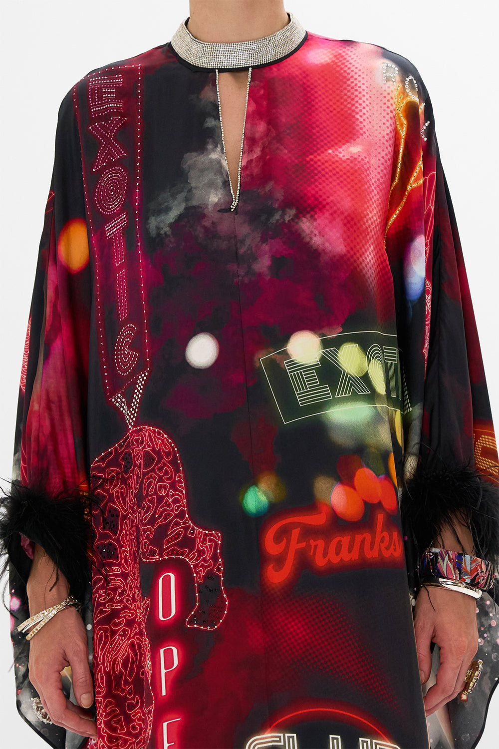 CAMILLA Black Kaftan with High Collar Stand in Electric Loveland