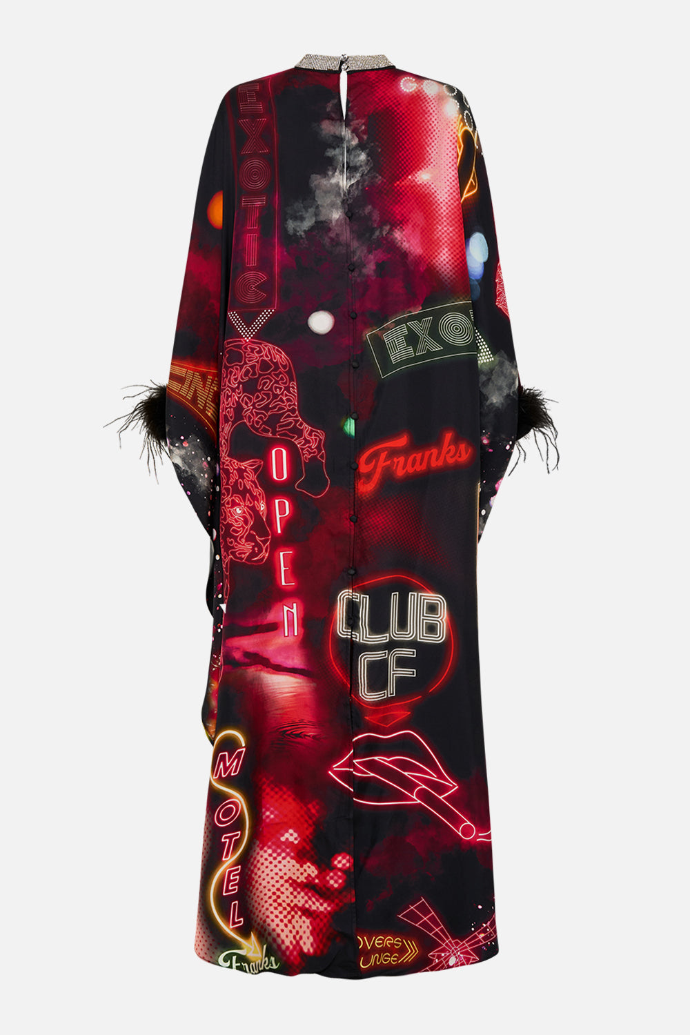 CAMILLA Black Kaftan with High Collar Stand in Electric Loveland