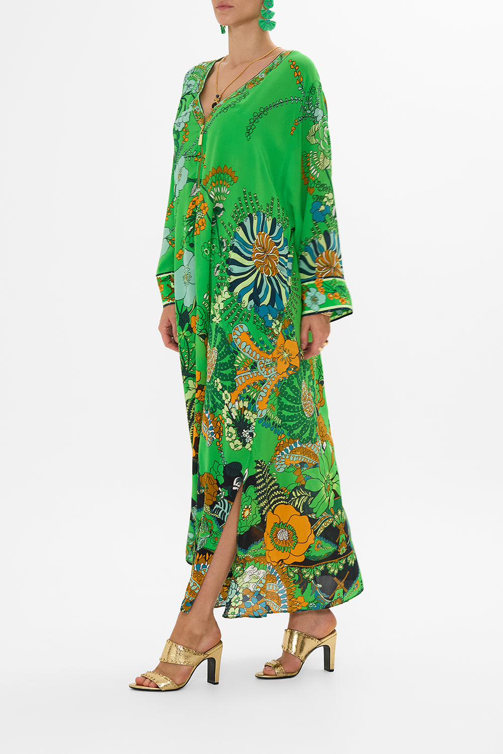 CAMILLA Green Pocket Kaftan with Zip in Good Vibes Generation print
