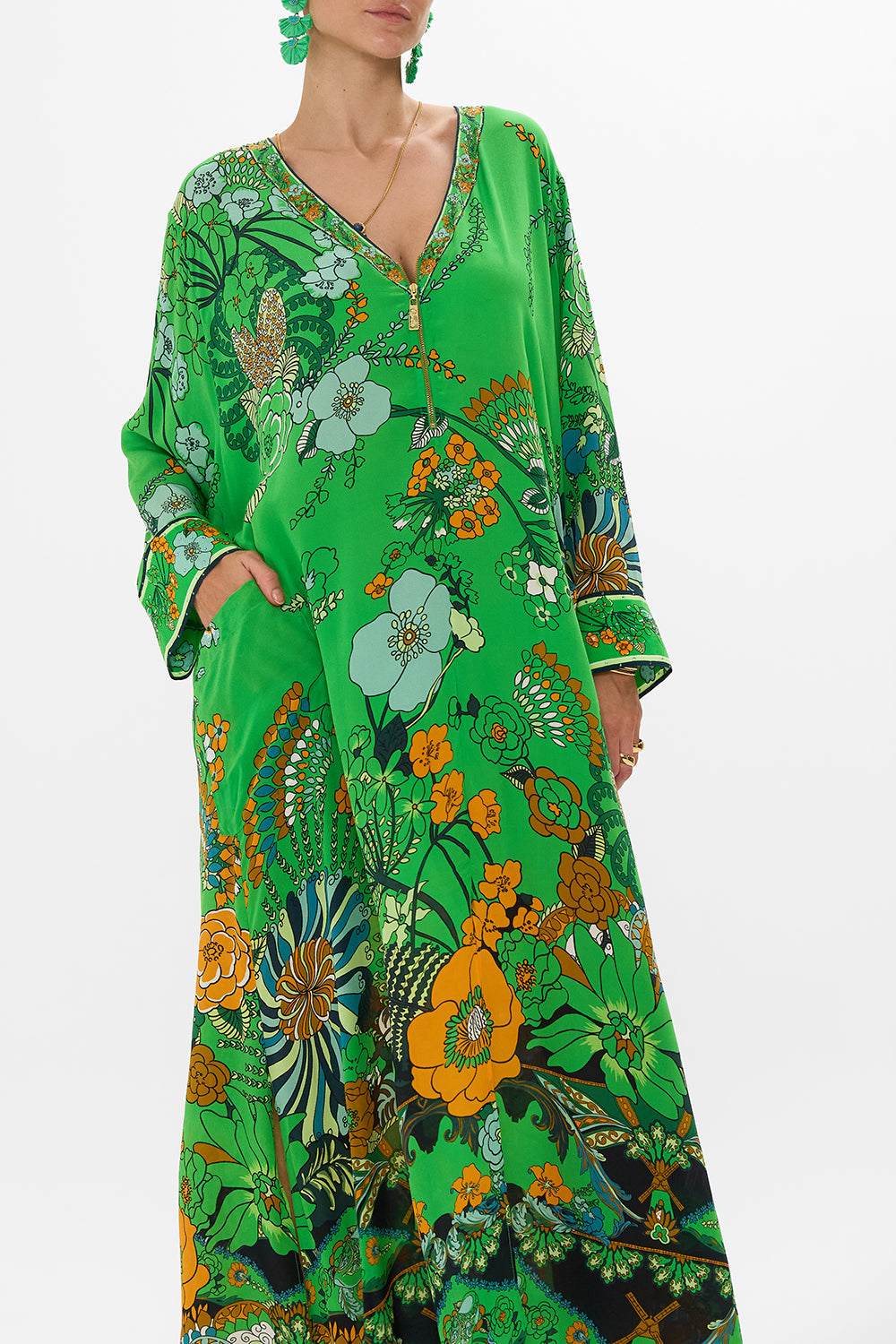 CAMILLA Green Pocket Kaftan with Zip in Good Vibes Generation print