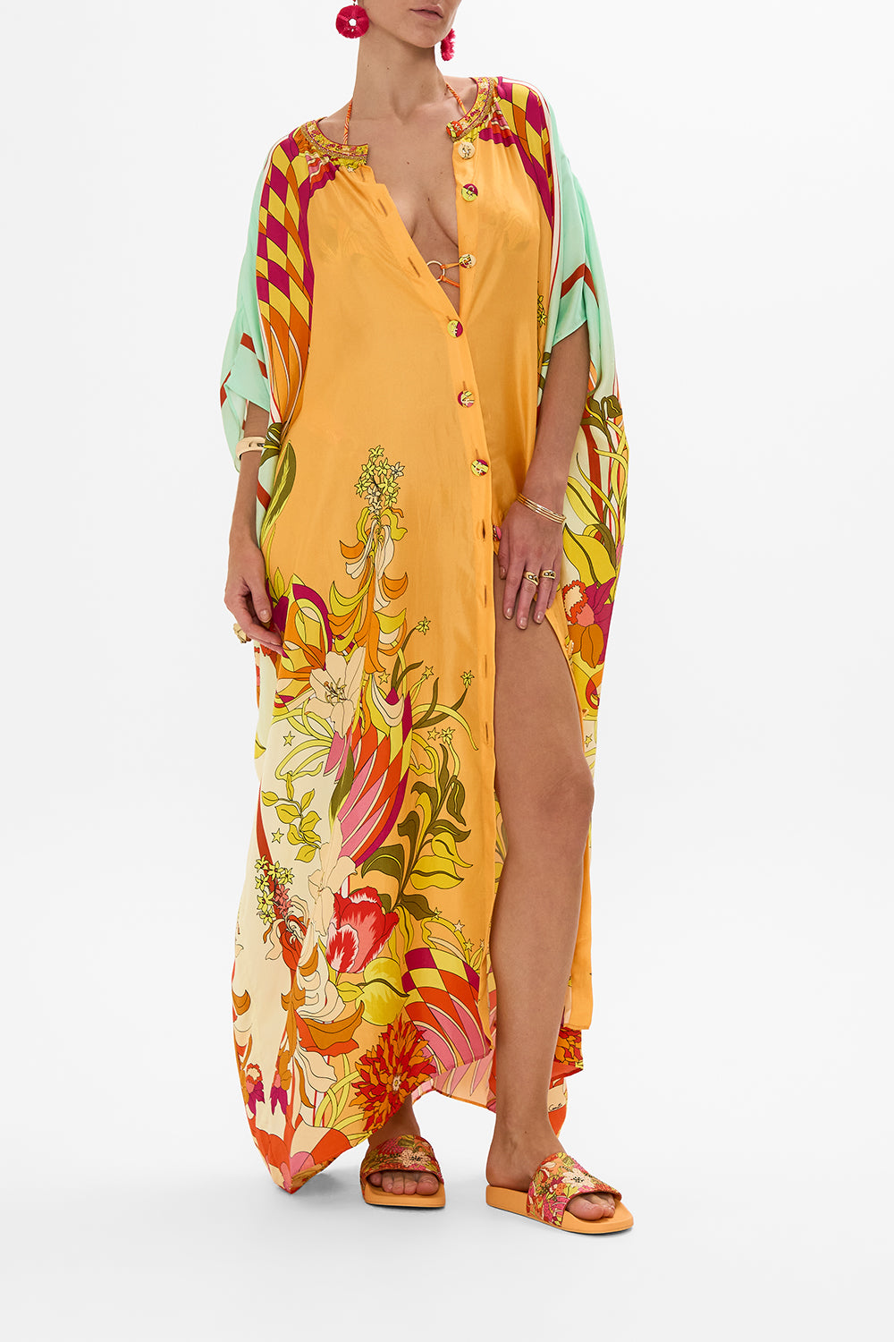 CAMILLA Floral Button Through Batwing Kaftan in The Flower Child Society