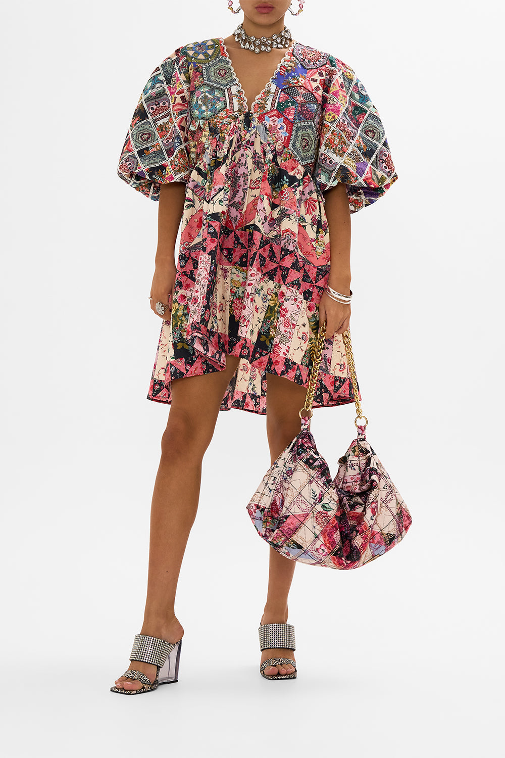 CAMILLA Patchwork Quilted Puff Sleeve Dress in Patchwork Poetry print