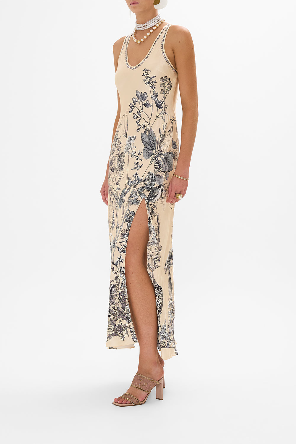 CAMILLA multi silk bias tank dress in Etched Into Eternity print