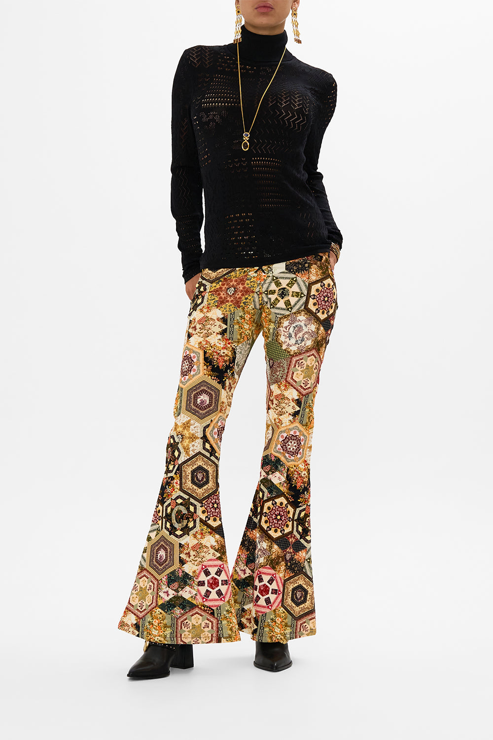 CAMILLA floral pointelle turtle neck knit in Stitched In Time print.