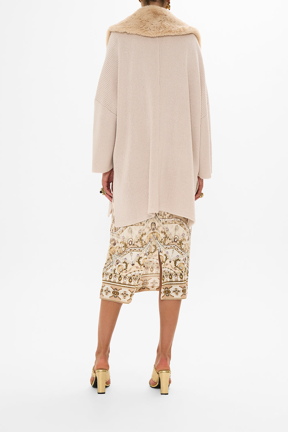 CAMILLA blush knit relaxed layer with faux fur in Grotto Goddess print.