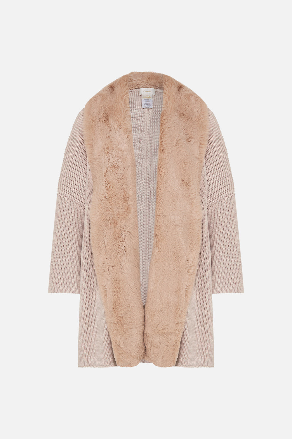 CAMILLA blush knit relaxed layer with faux fur in Grotto Goddess print.