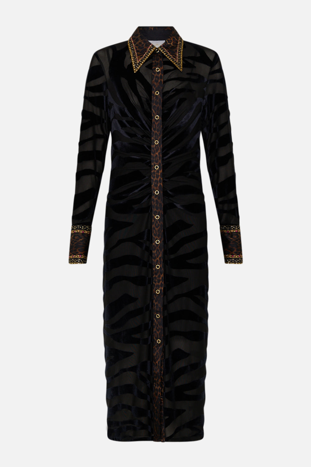 CAMILLA leopard stretch velvet animal shirt dress in Amsterglam print.