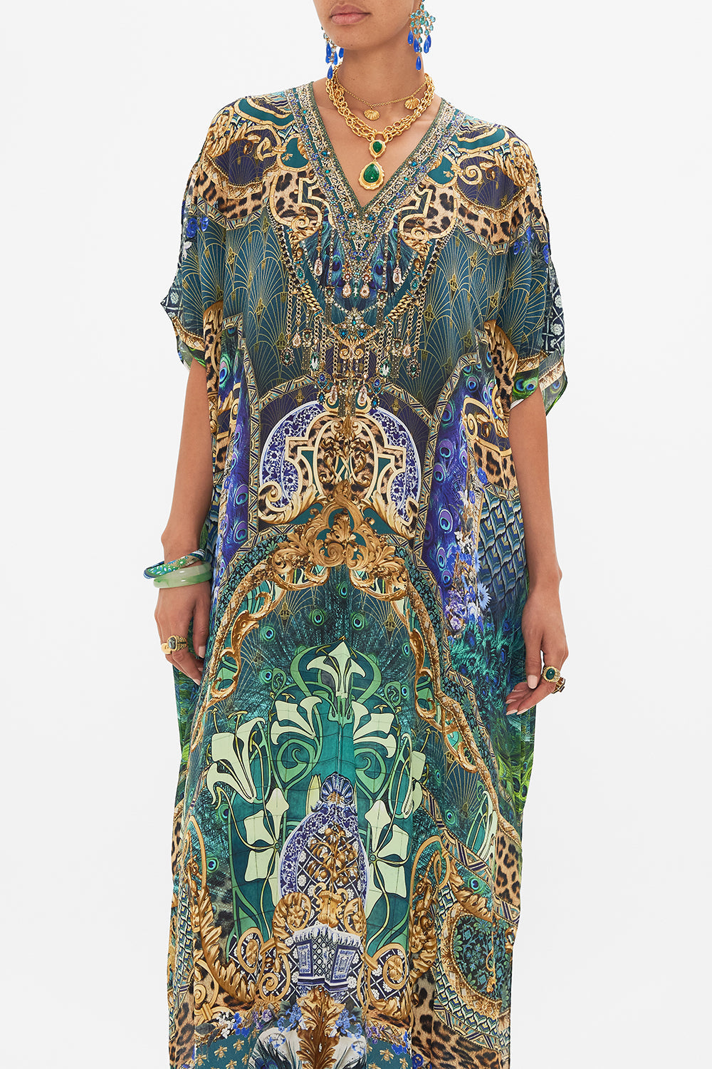 Crop view of model wearing CAMILLA silk kaftan in Fan Dance print