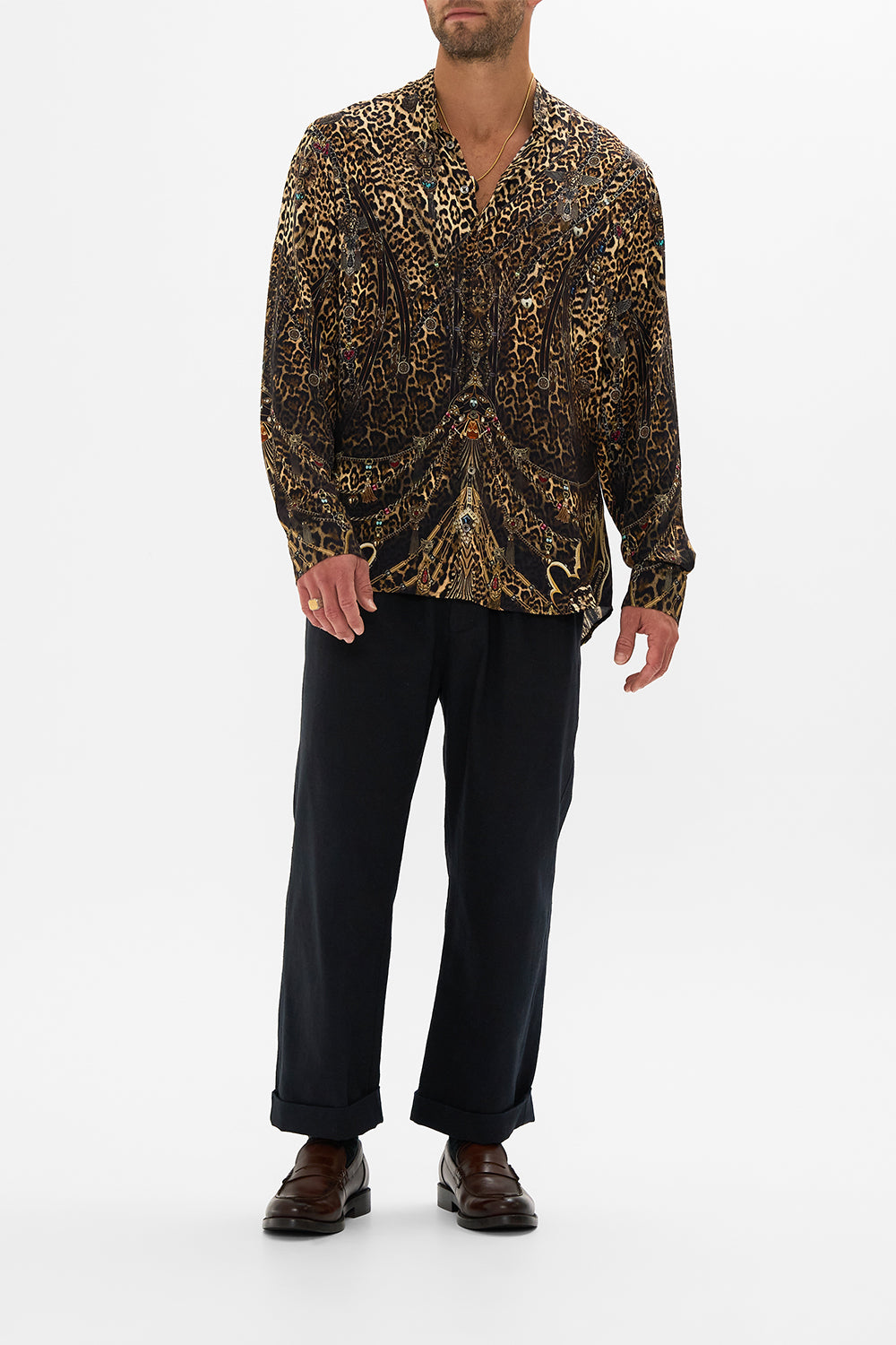 CAMILLA leopard long-sleeve mandarin collar shirt in Amsterglam print