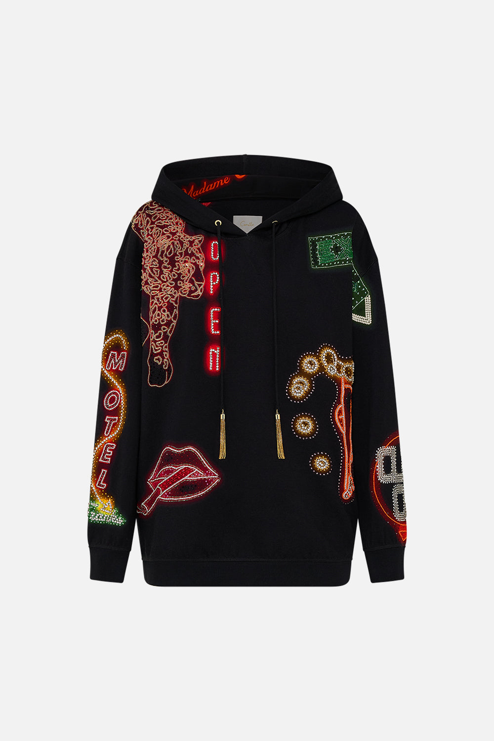 CAMILLA black hoody with pockets in Electric Loveland print.