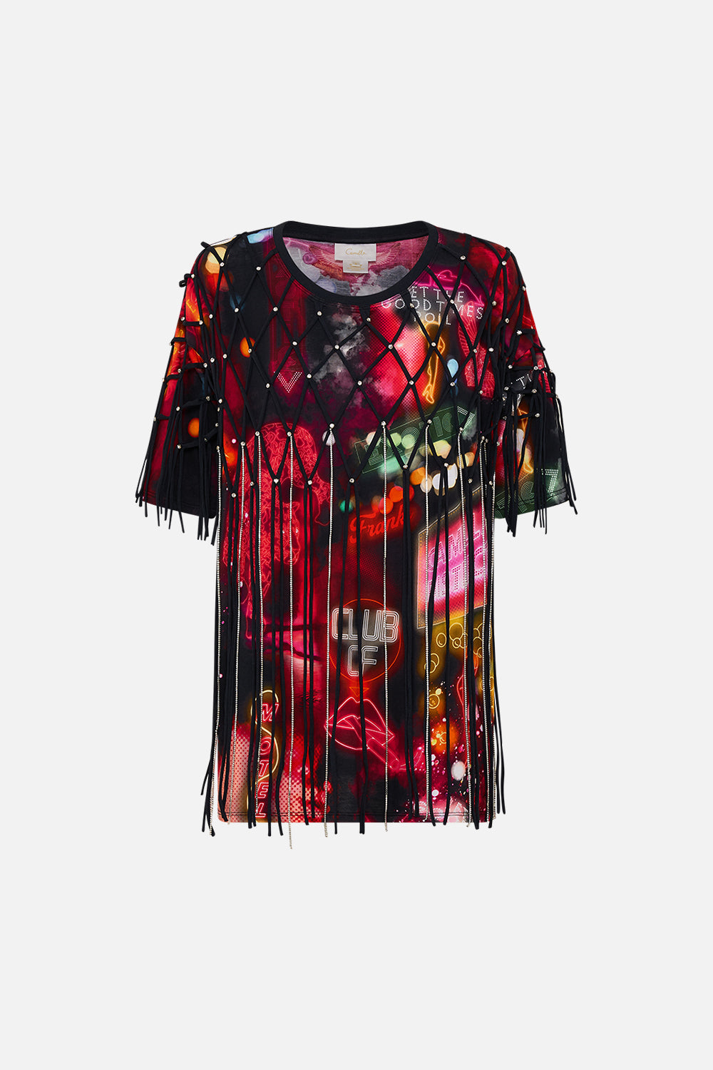 CAMILLA black oversized band tee with embellished overlay in Electric Loveland print.