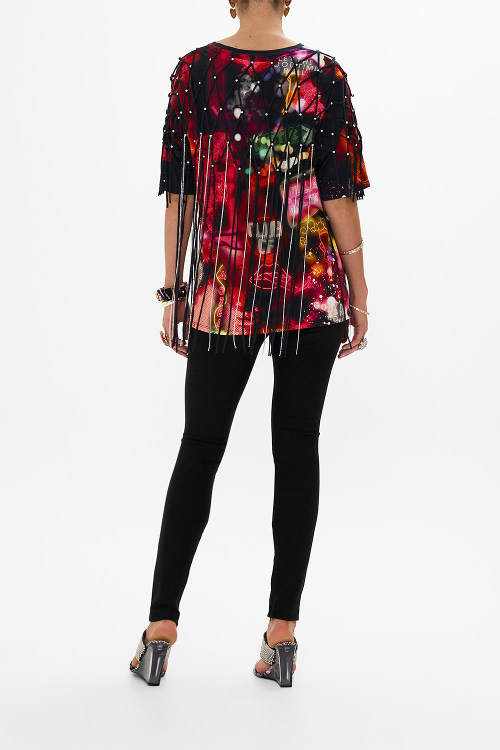 CAMILLA black oversized band tee with embellished overlay in Electric Loveland print.