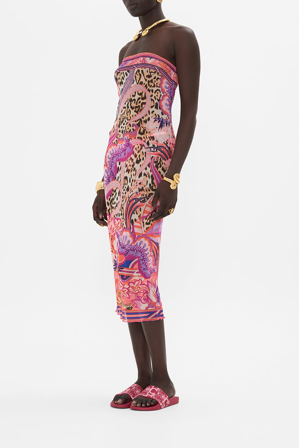 Side view of model wearing CAMILLA mesh dress in Viola Vintage print