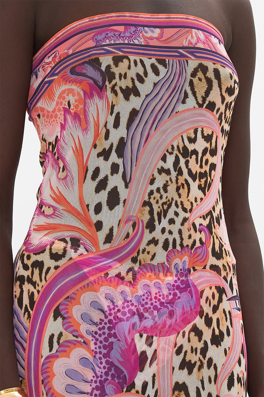 Detail view of model wearing CAMILLA mesh dress in Viola Vintage print