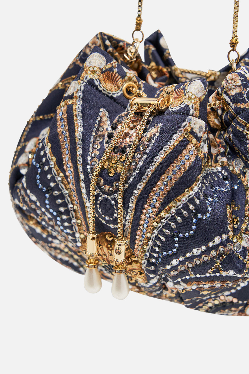 CAMILLA gold/black drawstring pouch with chain strap in Dance with the Duke