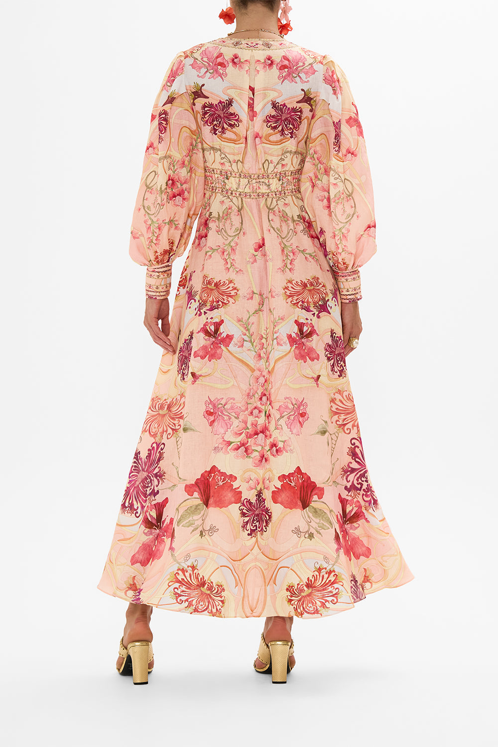 CAMILLA Floral Shaped Waistband Dress with Gathered Sleeves in Blossoms and Brushstrokes print